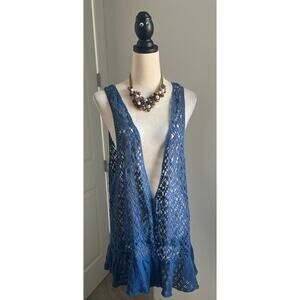 NWT Avenue Slate Blue Hand Crocheted Sweater Sleeveless Vest Sz 22/24